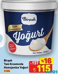BİRŞAH TAM KIVAMINDA HOMOJENİZE YOĞURT 3 KG fiyat ve kampanya bilgisi